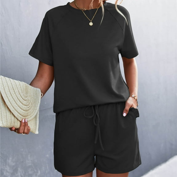 Idoravan Women Sets Clothing Clearance Womens Spring and Summer Plain Round Neck Ruffle Short Sleeve Shorts Casual Suit