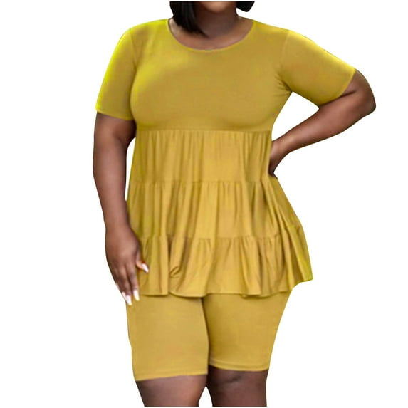 Idoravan Women Sets Clothing Clearance Womens Summer Fashion Solid Color Short Sleeve Solid Color Round Collar Pleated Top Casual Pants Set