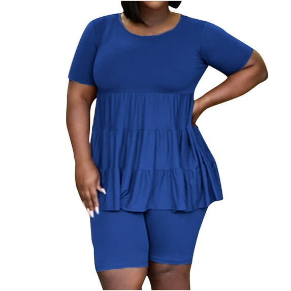 Idoravan Women Sets Clothing Womens Summer Fashion Solid Color Short Sleeve Solid Color Round Collar Pleated Top Casual Pants Set