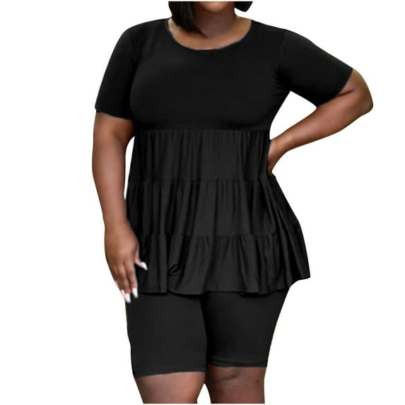 Idoravan Women Sets Clothing Clearance Womens Summer Fashion Solid Color Short Sleeve Solid Color Round Collar Pleated Top Casual Pants Set