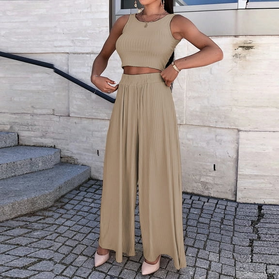 Idoravan Women Sets Clothing Clearance Womens Summer Solid Color Sleeveless Slim Vest+ Casual Wide Leg Pants Suit Set