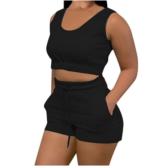 Idoravan Women Sets Clothing Womens Summer Solid Color Tank Top Drawstring Shorts Casual Sports Suit