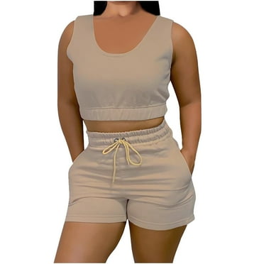 Idoravan Women Sets Clothing Clearance Womens Summer Solid Color Tank Top Drawstring Shorts Casual Sports Suit