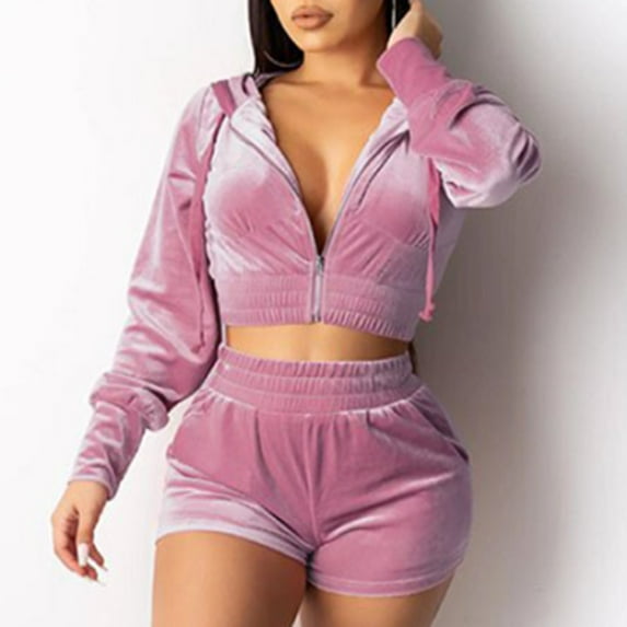 Idoravan Women Sets Clothing Clearance Womens Two-piece Sweatshirt, Solid Color, Hooded, Exposed Navel, Long Sleeve, Zippered Coat, Slim Fitting Shorts, Gold Velvet Suit