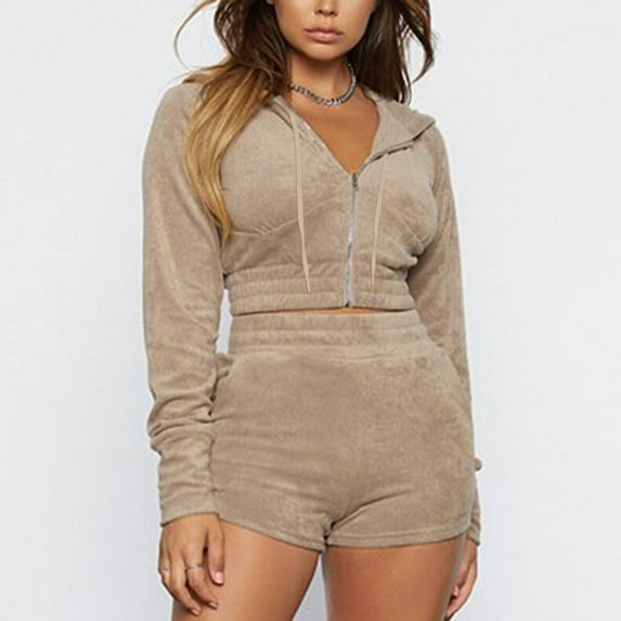 Idoravan Women Sets Clothing Clearance Womens Two-piece Sweatshirt, Solid Color, Hooded, Exposed Navel, Long Sleeve, Zippered Coat, Slim Fitting Shorts, Gold Velvet Suit
