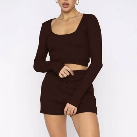 Idoravan Women Sets Clothing Clearance Womens Waffle Solid U-neck Long Sleeve Short European and American Fashion Casual Shorts Set