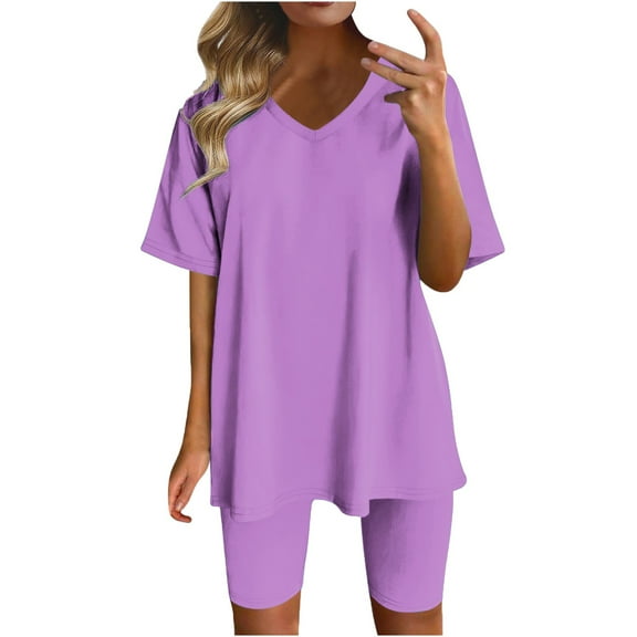 Idoravan Women Sets Clothing Summer Lounge Sets for Women 2 Piece Women Fashion V-Neck Solid Color Blouse Short Sleeve Tops Shorts Casual Suit Sets