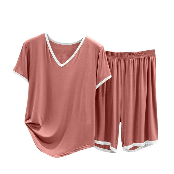 Idoravan Women Sets Clothing Summer Lounge Sets for Women Pink Ladies Fashion Shorts Two Piece Solid Color Short Sleeve Casual Suit