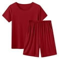 thumbnail image 1 of Idoravan Women Sets Clothing Summer Womens Lounge Sets Short Sleeve Women's Solid Color Round Neck Short-sleeved Top One Shorts Home Wear Set, 1 of 4