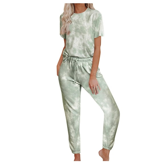 Idoravan Women Sets Clothing Womens Fashion Slim Contrast Lace Elastic Waist Short Sleeve Casual Two Piece Suit Pajamas