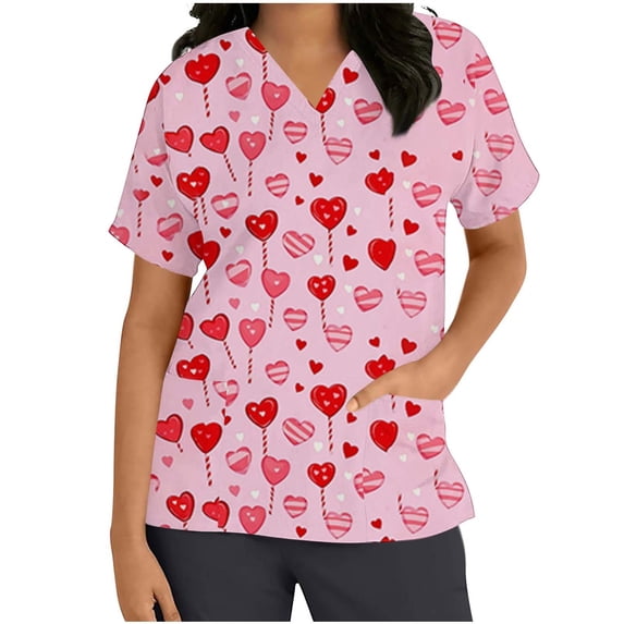 Idoravan Women Short Sleeve Tunic Blouse Women's Scrub Tops Ladies' Protective Clothing Heart Shape Printed V-Neck Short Sleeve Tops Nursing Uniform Tops with Pockets Multicolor XXL