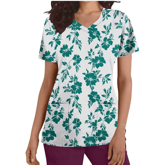 Idoravan Women Short Sleeve Tunic Blouse Women's Scrub Tops Women Casual Fashion Floral Printed Short Sleeve V-Neck Pocket Work Tops Mint Green XXL