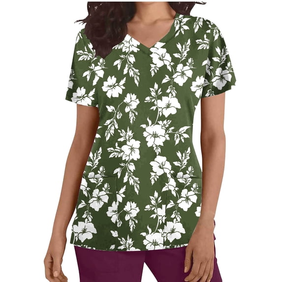 Idoravan Women Short Sleeve Tunic Blouse Women's Scrub Tops Women Casual Fashion Floral Printed Short Sleeve V-Neck Pocket Work Tops White XXL