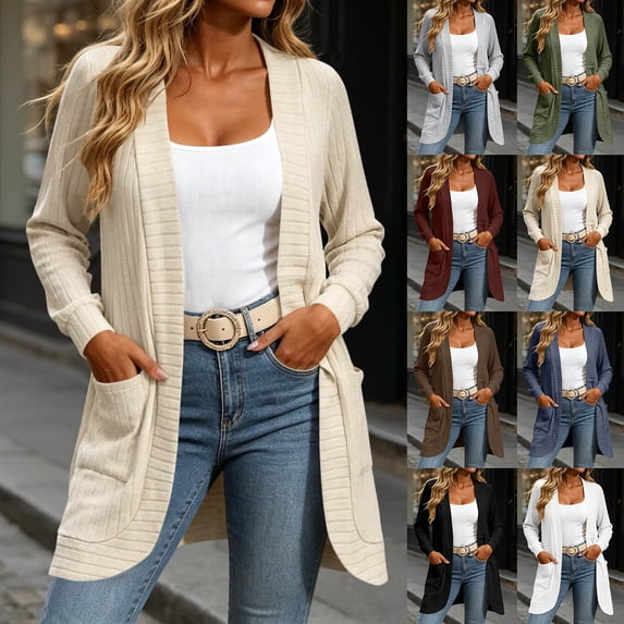 Idoravan womens cardigan sweaters with pockets Women Solid Color Long Sleeves Knit Cardigan Loose Curved Placket Tops