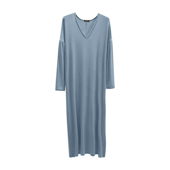 Idoravan Women Solid Color V-Neck Long Sleeves Dress Nightgown Home Furnishings Long Sleepshirts Light Blue XXXXL