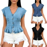 Idoravan Womens Denim Top Fitted Women V Neck Cap Sleeve Button Down Denim Cinched Waist Peplum Hem Top Ruffle Hem Tops
