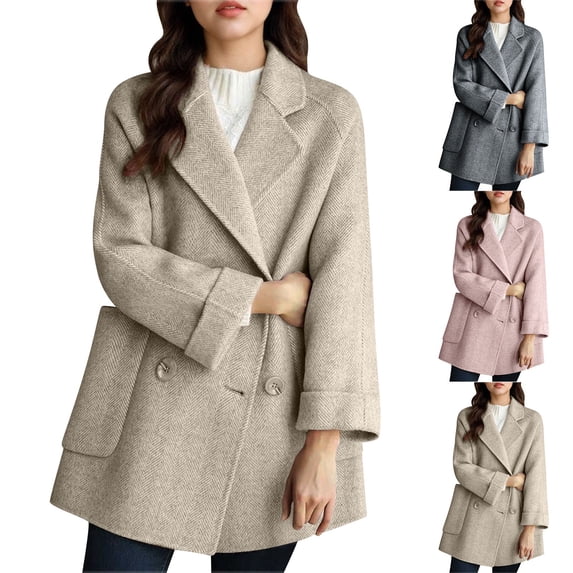Idoravan Women Wool Coat Peacoat Jacket Wool Trench Coat Women Double Breasted Women's Solid Casual Thicken Wool Stand Collar Inner Lining Pocket Breasted Pea Coat
