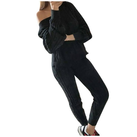 Idoravan Women's 2-Piece Pajama Sets,Womens Solid Color Off Shoulder Long Sleeve Cable Knitted Warm Two-Piece Long Pants Sweater Suit Set Black XXXXL