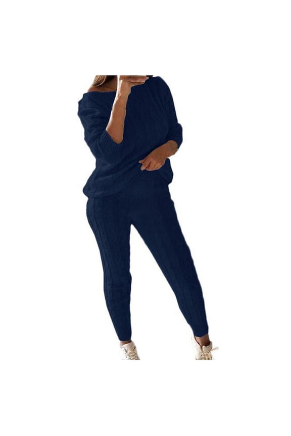 Women's 2-Piece Pajama Sets,Womens Solid Color Off Shoulder Long Sleeve Cable Knitted Warm Two-Piece Long Pants Sweater Suit Set Blue M
