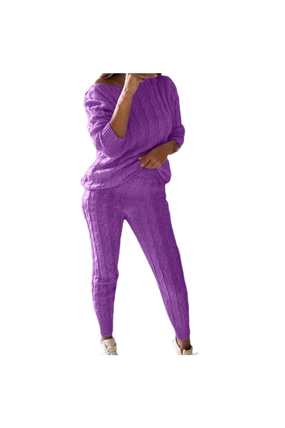 Women's 2-Piece Pajama Sets,Womens Solid Color Off Shoulder Long Sleeve Cable Knitted Warm Two-Piece Long Pants Sweater Suit Set Purple L