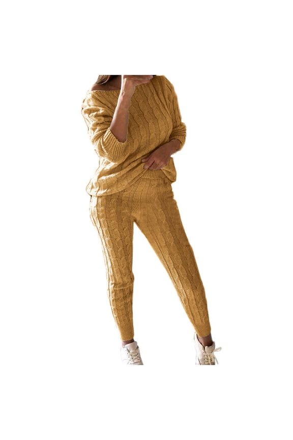 Women's 2-Piece Pajama Sets,Womens Solid Color Off Shoulder Long Sleeve Cable Knitted Warm Two-Piece Long Pants Sweater Suit Set Yellow XXXXXL