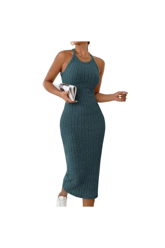 Women's 2026 Bodycon Casual Long Dress Women Neck Sleeveless Ribbed Neck Solid-Color Fitted Midi Dress