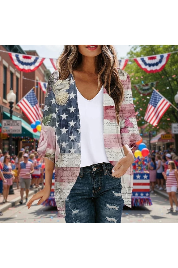 Women's American Flag Print Kimono Cardigan Loose Cover Up Casual Blouse Tops Women's Independence Day Sunscreen Fashion Casual Printed Chiffon 3/4 Sleeve Cardigan Top