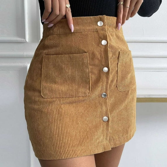 Idoravan Women's Basic Versatile Skirt Clearance Fashion Women Button Zipper High Waist Tight Solid Pocket Retro Skirt Women Pleated
