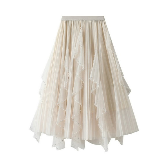 Women's Basic Versatile Skirt Fashion Women Long Tulle Tutu Skirt 3D Flower Embroidery Solid Color High Waist Mesh Beading Midi Swing Skirt