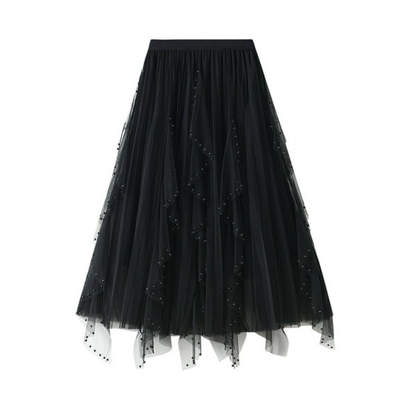 Idoravan Women's Basic Versatile Skirt Clearance Fashion Women Long Tulle Tutu Skirt 3D Flower Embroidery Solid Color High Waist Mesh Beading Midi Swing Skirt
