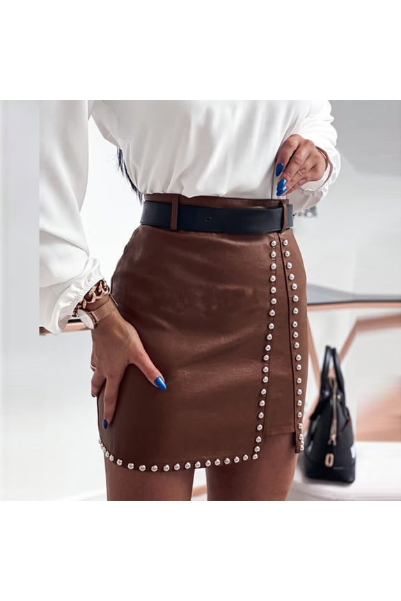 Women's Basic Versatile Skirt Clearance Fashion Womens Sexy Leather Skirt Solid Beading Skirt Split Skirt Mini Skirt