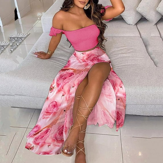 Idoravan Women's Basic Versatile Skirt Clearance Women Printed One-shoulder Tube Tops Short Skirt Two-piece Dress Tops Skirt