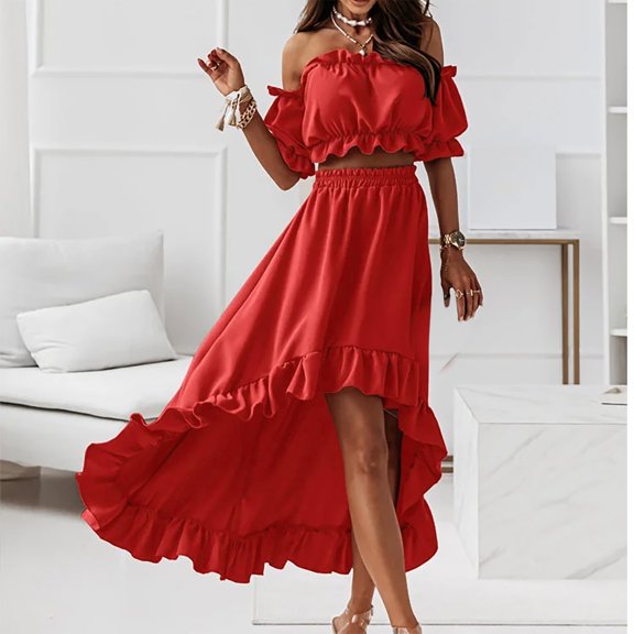 Idoravan Women's Basic Versatile Skirt Women Solid One-shoulder Tube Tops Short Skirt Two-piece Dress Tops Skirt