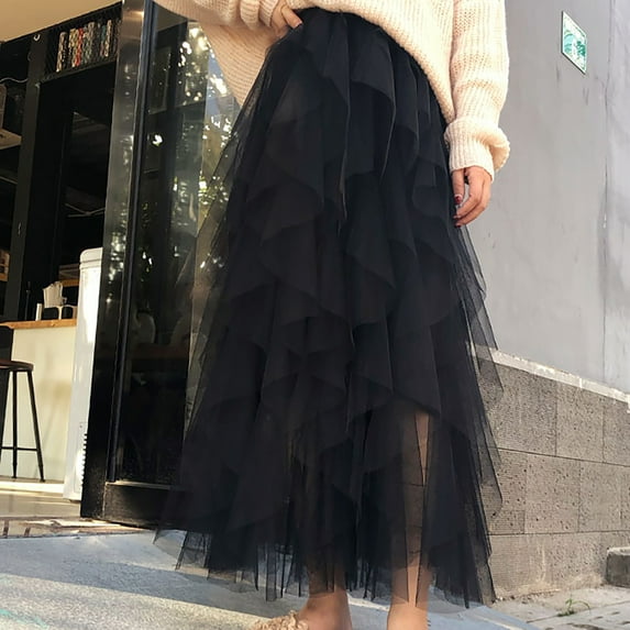 Idoravan Women's Basic Versatile Skirt Women Spring Summer Elastic High Waist Long Mesh Skirt Womens Gauze Skirt