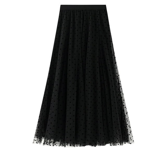 Idoravan Women's Basic Versatile Skirt Women Wave Point Printed A-line Net Yarn Elastic Waist Casual Fish Tail Skirt