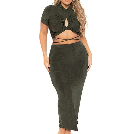 Idoravan Women's Basic Versatile Skirt Womens Fashion Solid Color Sexy Drawstring Hollow Round Neck Short Sleeve Casual Bag Skirt Set