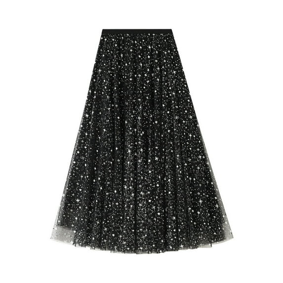 Idoravan Women's Basic Versatile Skirt Womens Long Skirt Stars Sequins Solid Color High Waist Mesh Midi Swing Skirt