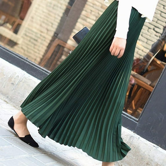 Idoravan Women's Basic Versatile Skirt Clearance Womens Solid Pleated Elegant Midi Elastic Waist Maxi Skirt