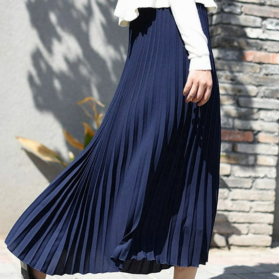 Idoravan Women's Basic Versatile Skirt Womens Solid Pleated Elegant Midi Elastic Waist Skirt