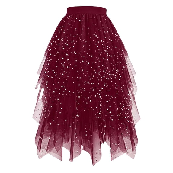 Idoravan Women's Basic Versatile Skirt Tulle Skirts for Women Mesh Layered Skirt Women's Star Spring and Summer Layered Skirt Cake Irregular Half Length Long Skirt Sequin Thin Mesh Skirt