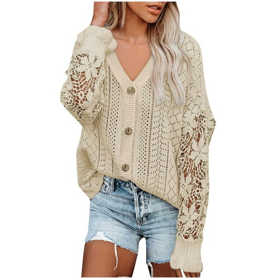 Idoravan Women's Cardigans Women's Casual Solid Color Versatile Cardigan Sweater Fashionable and Comfortable Hollow Out Lace Long Sleeved V-neck Sweater Top