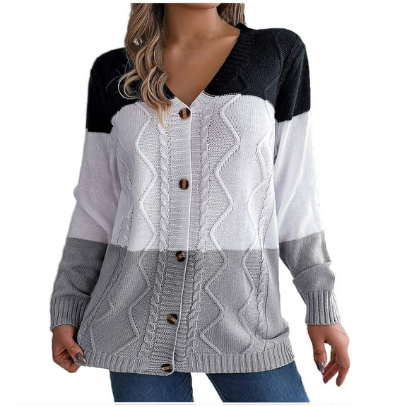Idoravan Women's Cardigans Women's Fashion Contrast Button Long Sleeve Sweater Cardigan Coat