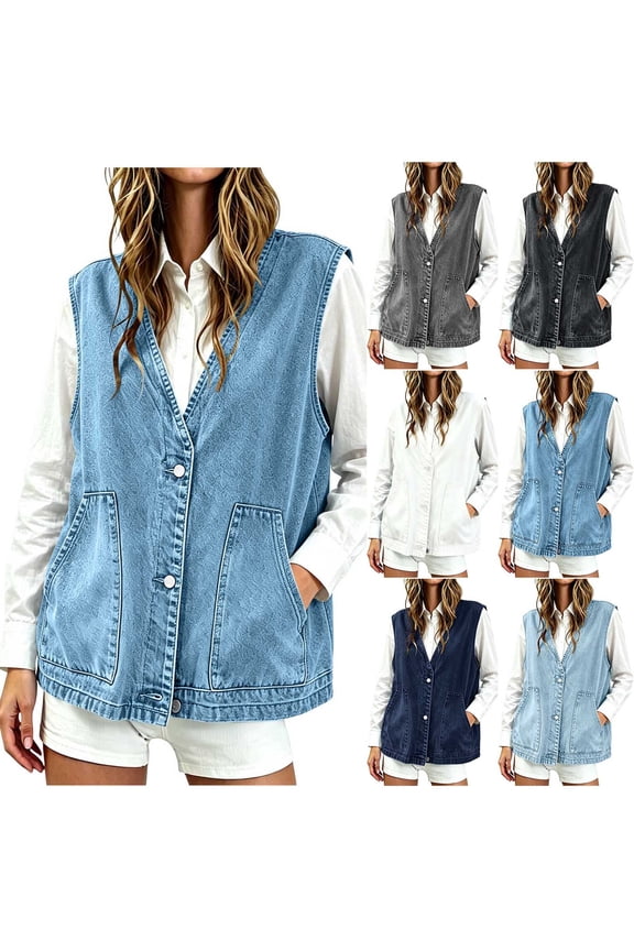 Women's Casual Denim Vest Sleeveless Jacket Vest with Pockets Women‘S Fashionable Loose Denim with Button Pockets V-Neck Sleeveless Color Outerwear Top Womens Clothing Womens Vest
