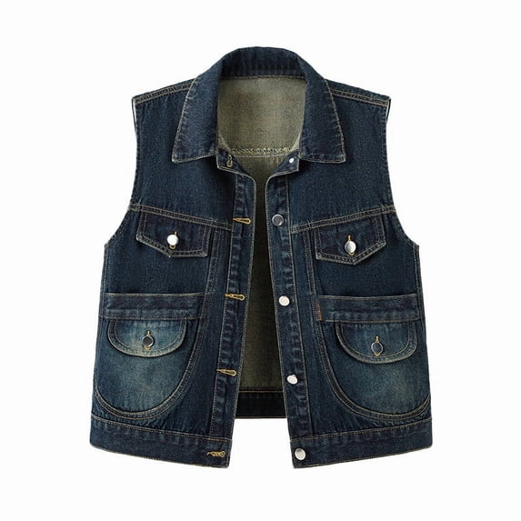 Idoravan Women's Casual Denim Vest Sleeveless Jacket Vest with Pockets Women's Fashion Vintage Denim Turndown Collar Cardigan Pocket Top Sleeveless Denim Outwear Jackets Women Clothes Womens Vest