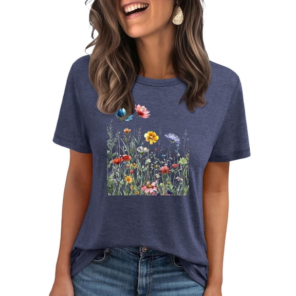 Idoravan Women's Clothing Tops Casual Women's Flower Print Shirts Short Sleeved T-shirt