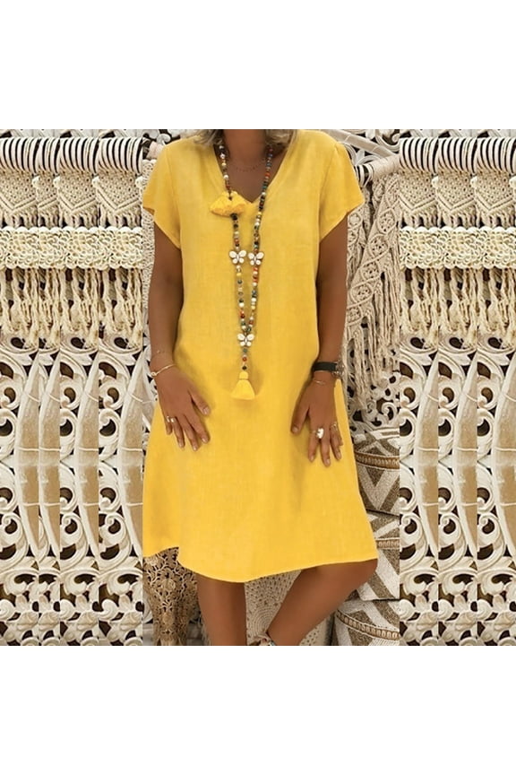 Women's Dress Summer Fashion Women Loose V-Neck Summer Solid Short Sleeve Cotton And Linen Dress