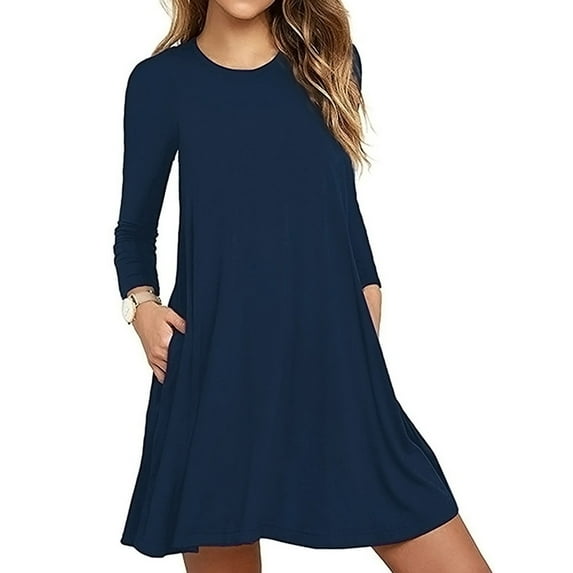 Idoravan Women's Dress Clearance Summer Fashion Women Sexy Casual Solid Dress O-Neck Long Sleeve Loose Mini Dress