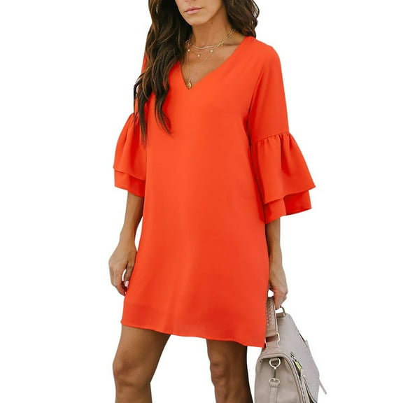 Idoravan Women's Dress Summer Womens Dress Sweet & Cute V-Neck Bell Sleeve Shift Dress Mini Dress