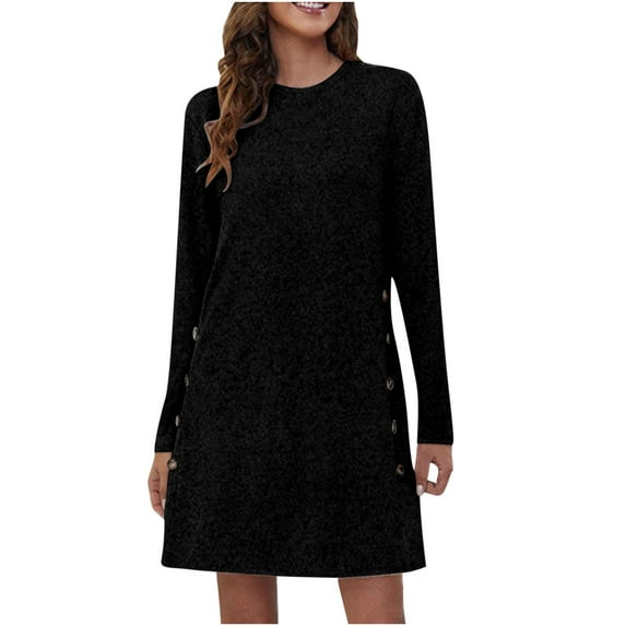 Idoravan Women's Dresses Womens Plus Size Fashion Woman Causal Long Sleeve Solid Round-neck Button Dress Black M