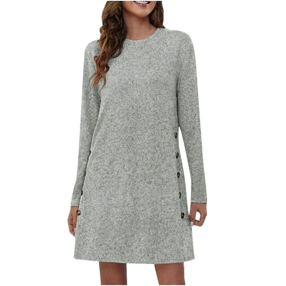Idoravan Women's Dresses Womens Plus Size Fashion Woman Causal Long Sleeve Solid Round-neck Button Dress Gray M